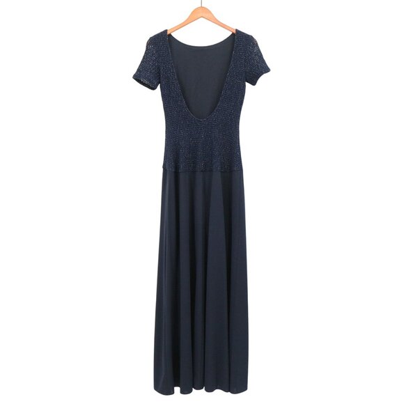 NWT JS Collections Navy Blue Long Low Cut Scoop Back Short Sleeve Gown Dress 8 - Picture 4 of 7